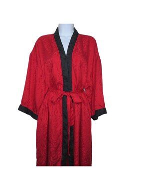 Vintage Halston Red Black Kimono Robe Belted Pockets M Geometric Pattern Satin